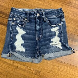 American Eagle Hi Rise Denim Shorts Womens Size 2 Distressed Cuffed Hem‎ Stretch